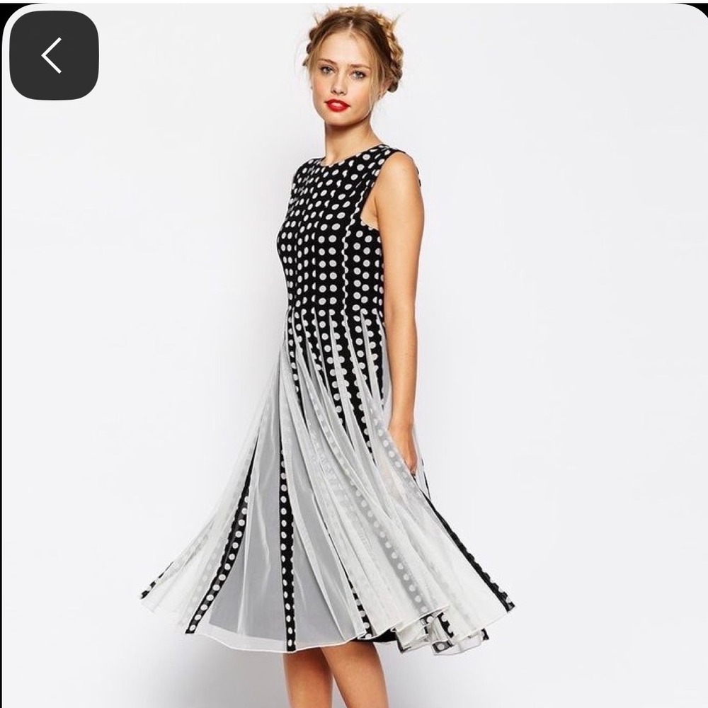 ASOS NWT Curve Polka Dot Mesh Godet Pleated Midi Dress Black‎ White Plus Size 20